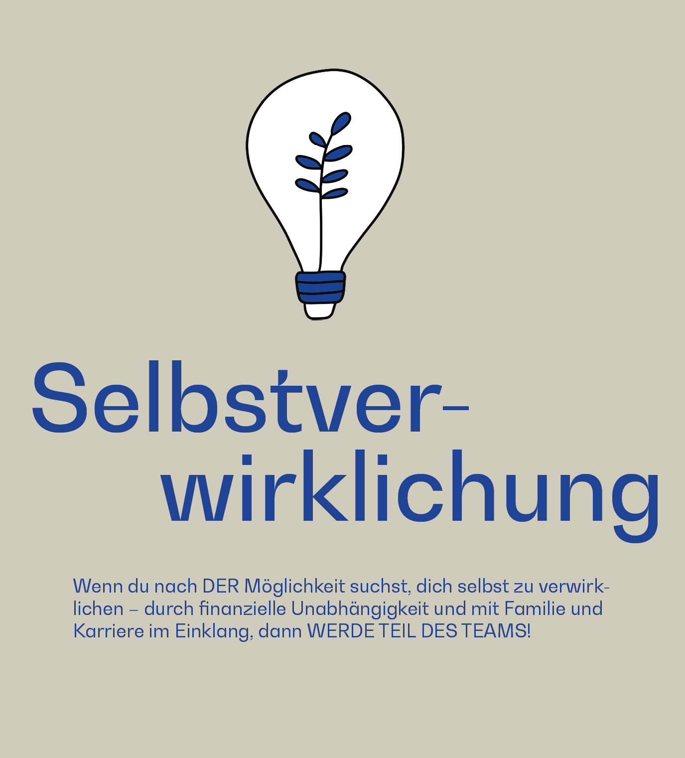 Grafik mit einer Glühbirne, in der ein stilisiertes Blatt wächst, und dem Schriftzug „Selbstverwirklichung“ – mit Text über finanzielle Unabhängigkeit, Vereinbarkeit von Familie und Karriere.